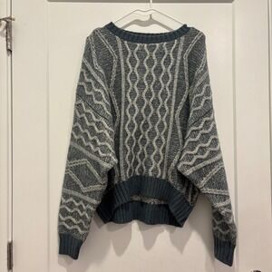 BKE Blue White Cable Knit Sweater Mens Large Geometric Marled Crew Neck